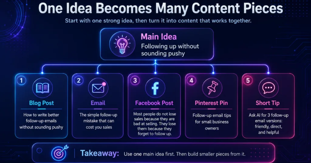 Neon content repurposing graphic showing how one idea can become a blog post, email, Facebook post, Pinterest pin, and short tip.